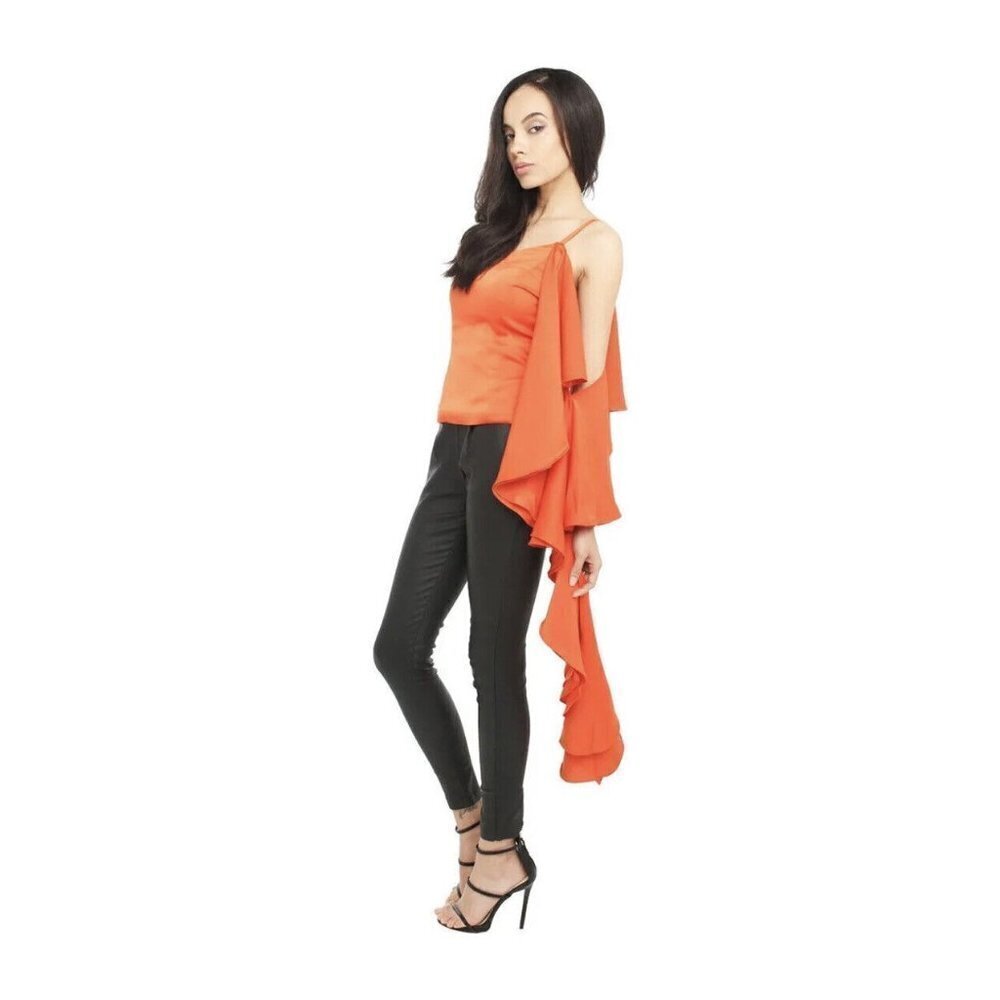 Akira Ammo Women's One Side Ruffle Sleeve Top Size S Asymmetrical Orange NWT